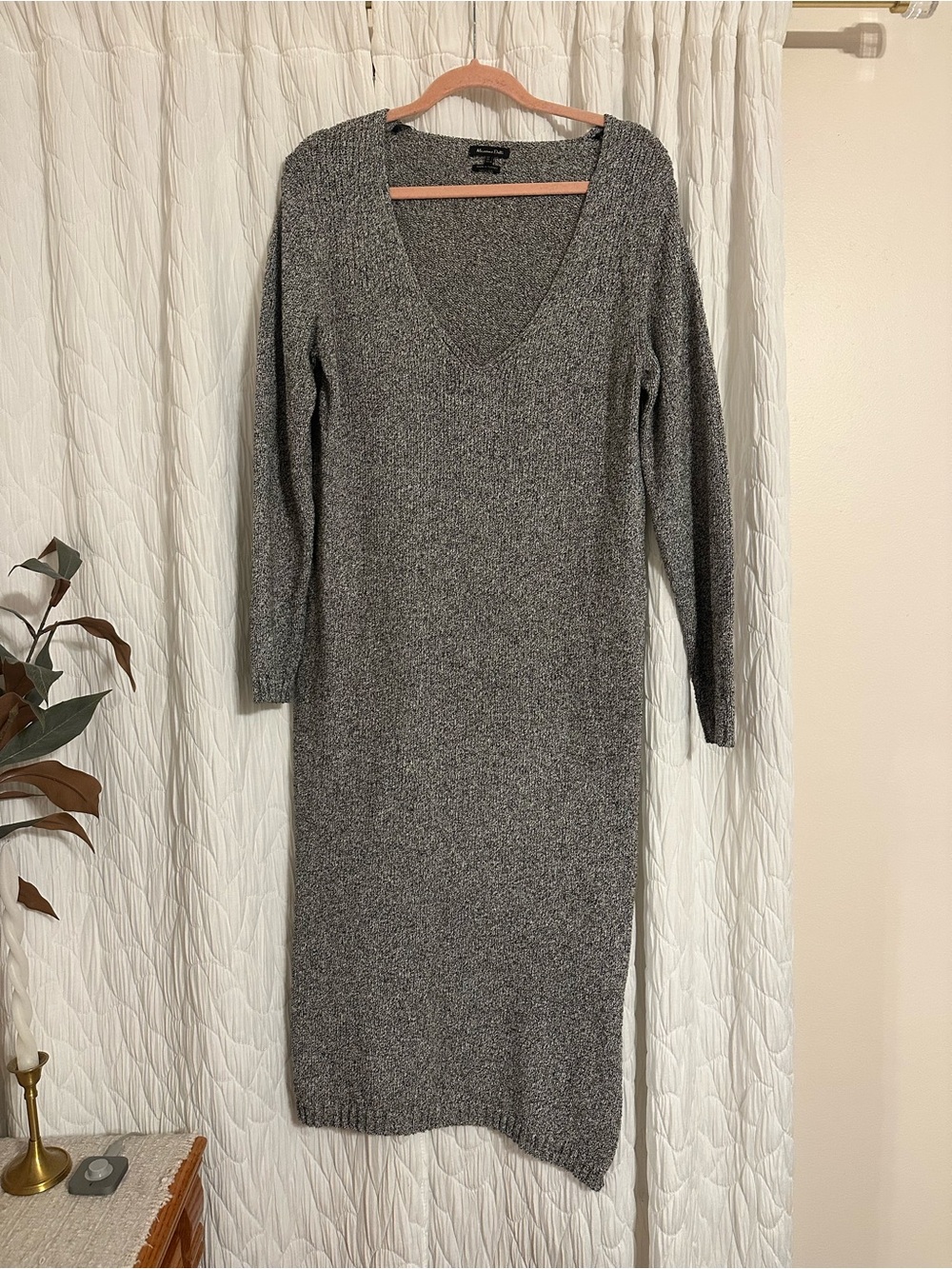 Massimo Dutti Gray V-Neck Long Sleeve Knit Dress